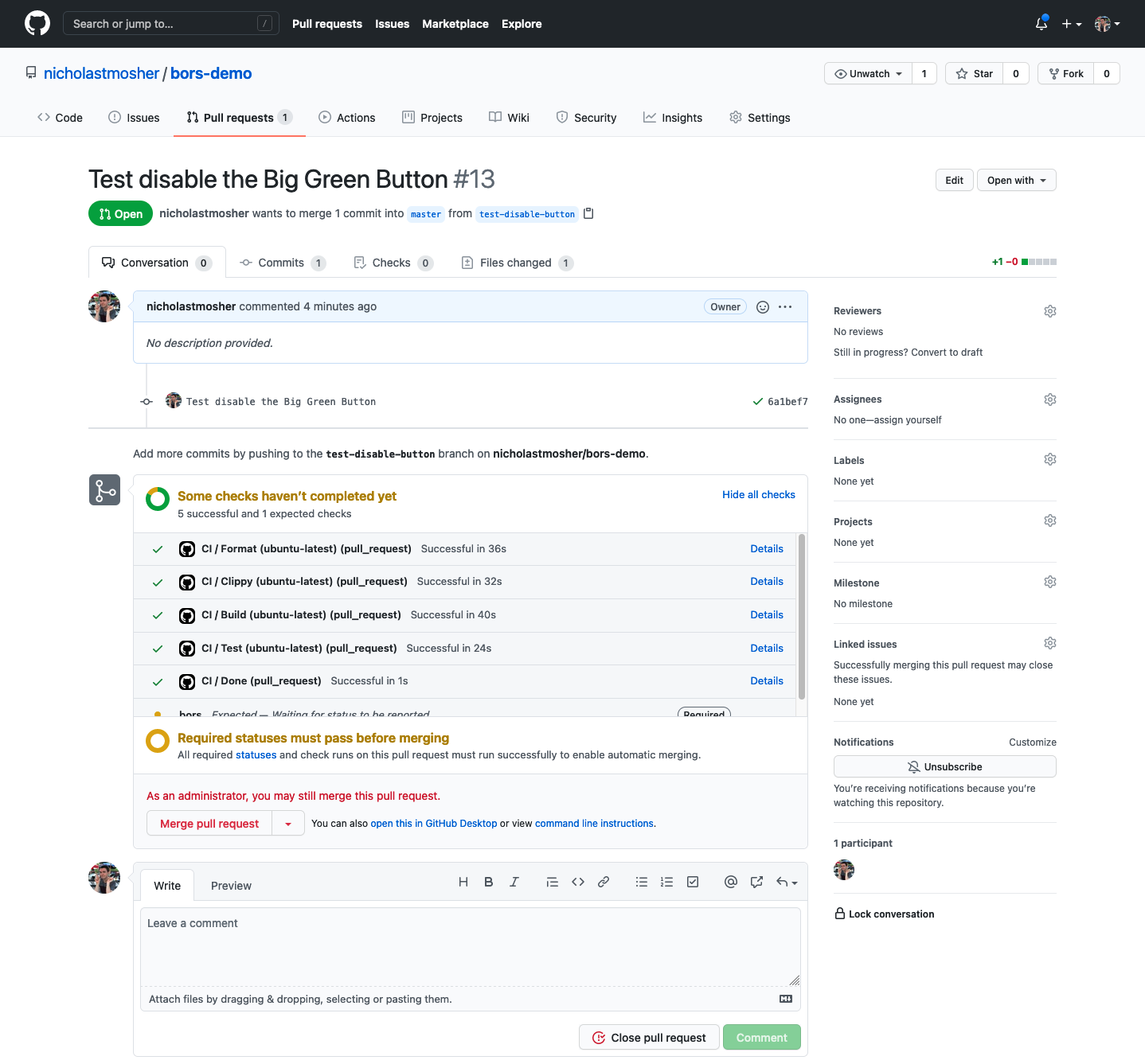 A screenshot of a PR where the Green Merge Button is replaced by the Red Administrator Merge button