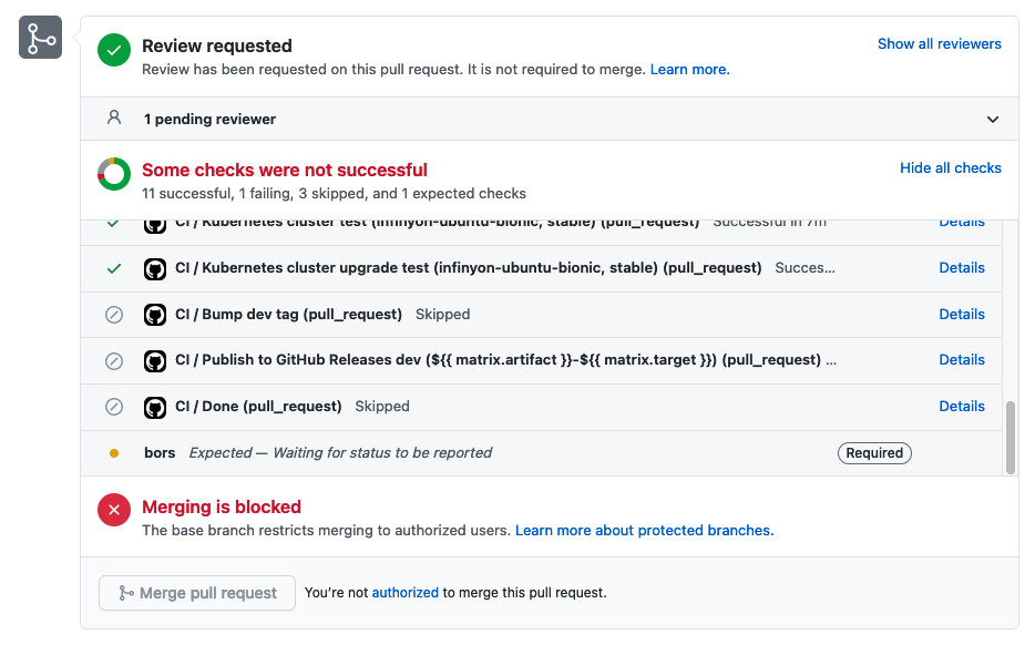 A screenshot of a PR where the Green Merge Button is disabled